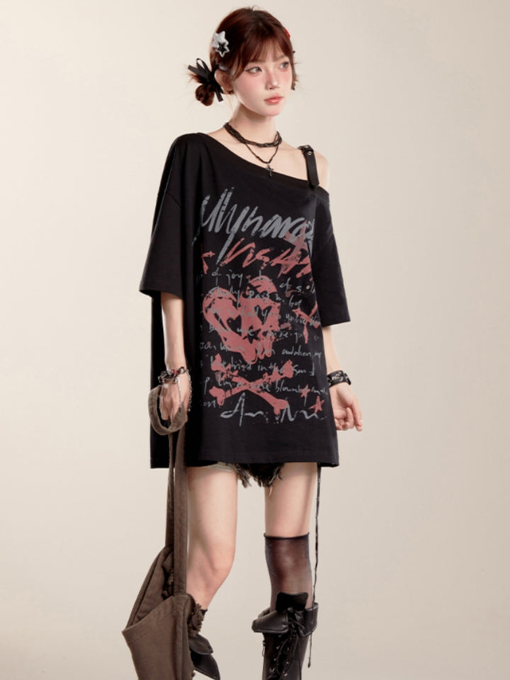 Summer Black Asymmetrical Shoulder Loose Fit T-shirt