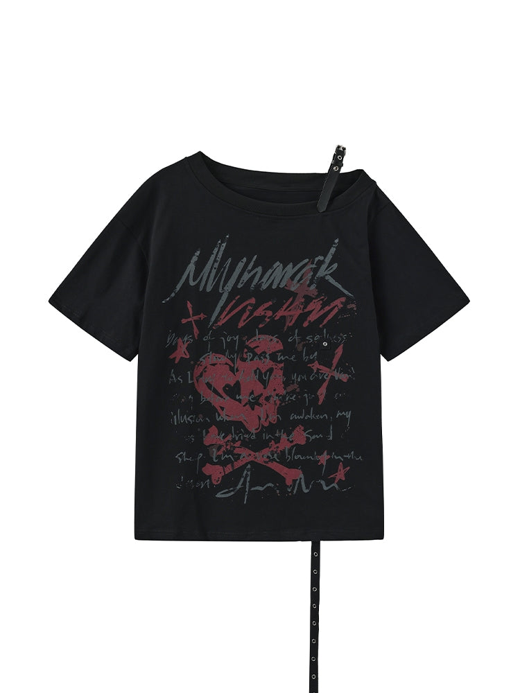 Summer Black Asymmetrical Shoulder Loose Fit T-shirt