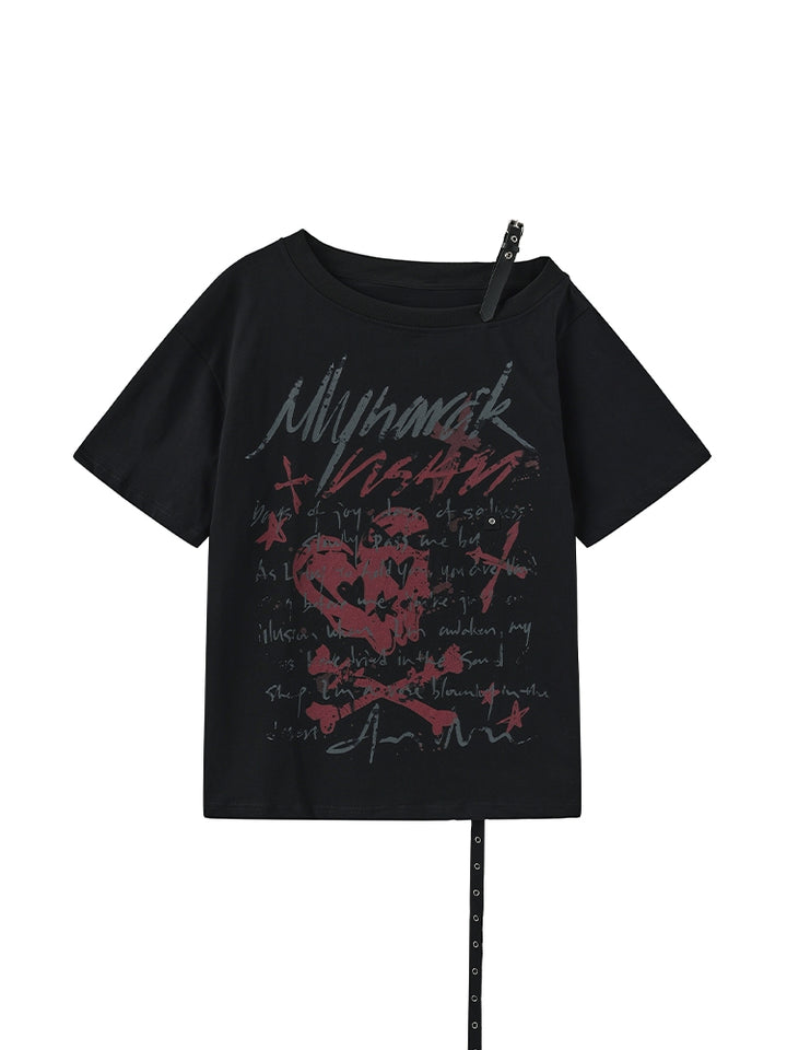 Summer Black Asymmetrical Shoulder Loose Fit T-shirt