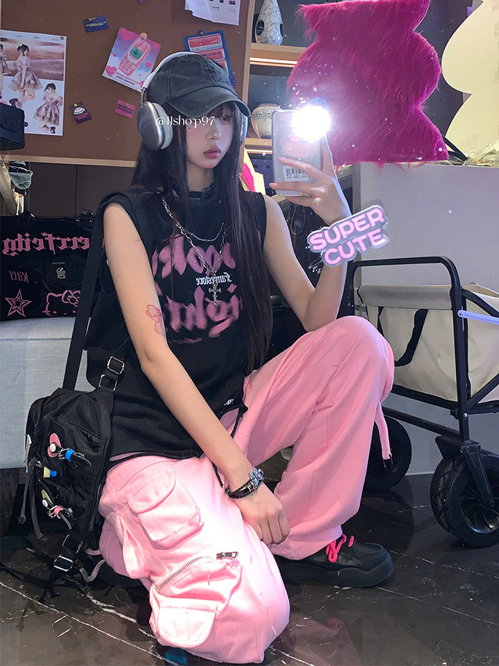 Streetwear Oversized Black Sleeveless Tee with Letter Print