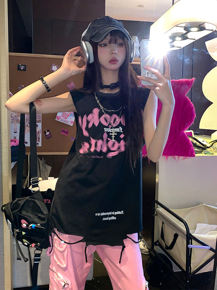 Streetwear Oversized Black Sleeveless Tee with Letter Print