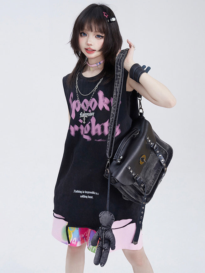 Streetwear Oversized Black Sleeveless Tee with Letter Print
