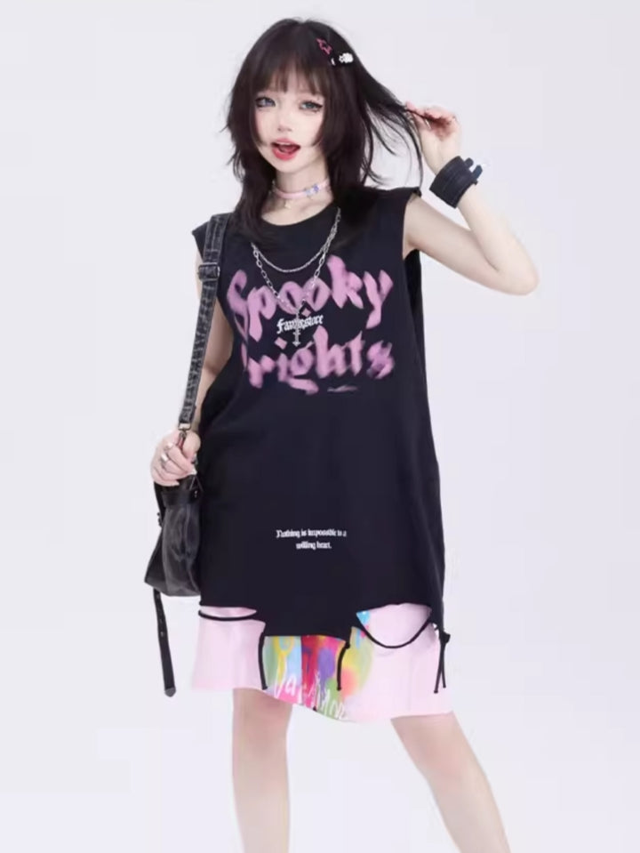 Streetwear Oversized Black Sleeveless Tee with Letter Print