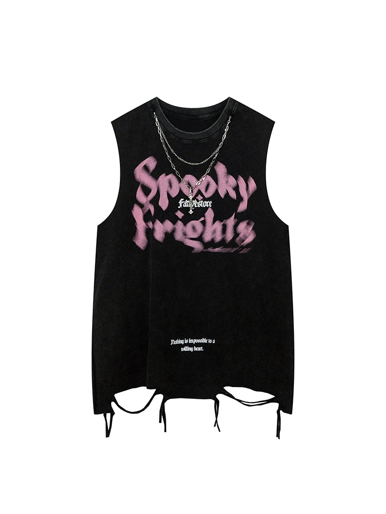 Streetwear Oversized Black Sleeveless Tee with Letter Print
