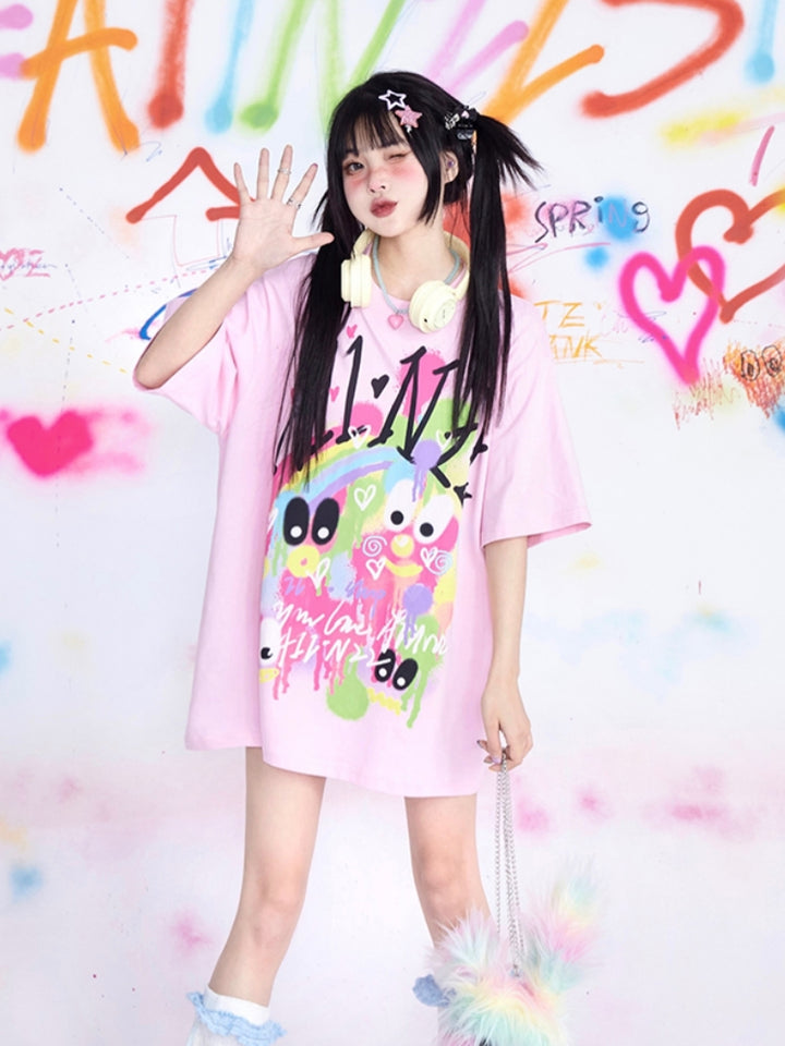 Casual Loose Fit Graffiti Oversized Pink T-shirt