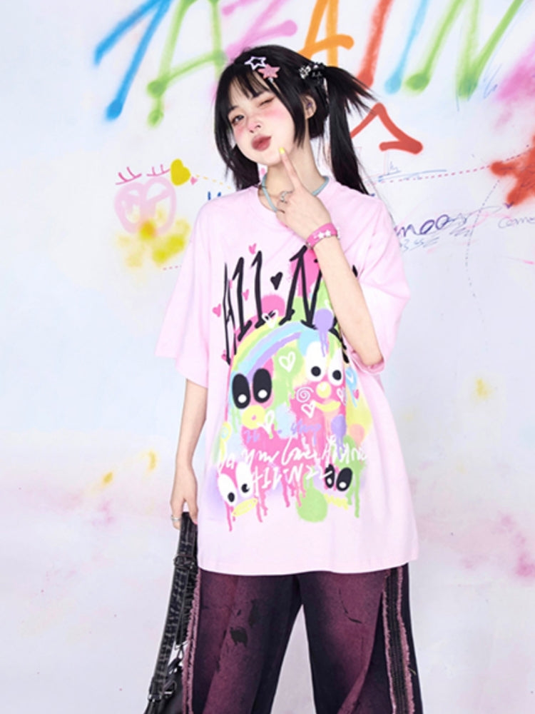 Casual Loose Fit Graffiti Oversized Pink T-shirt