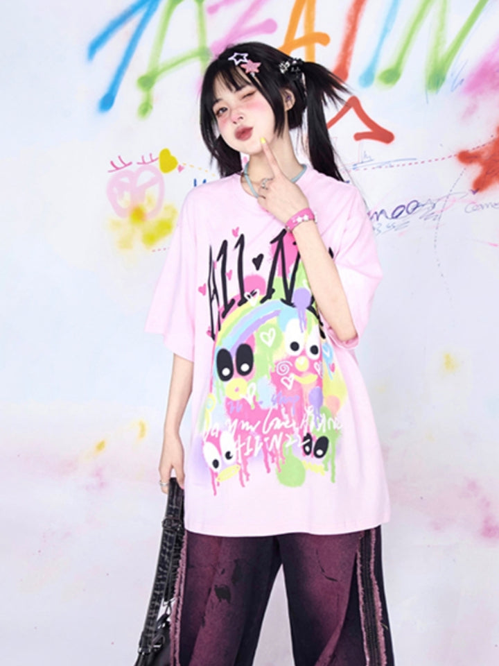 Casual Loose Fit Graffiti Oversized Pink T-shirt