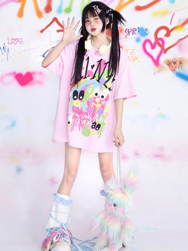 Casual Loose Fit Graffiti Oversized Pink T-shirt