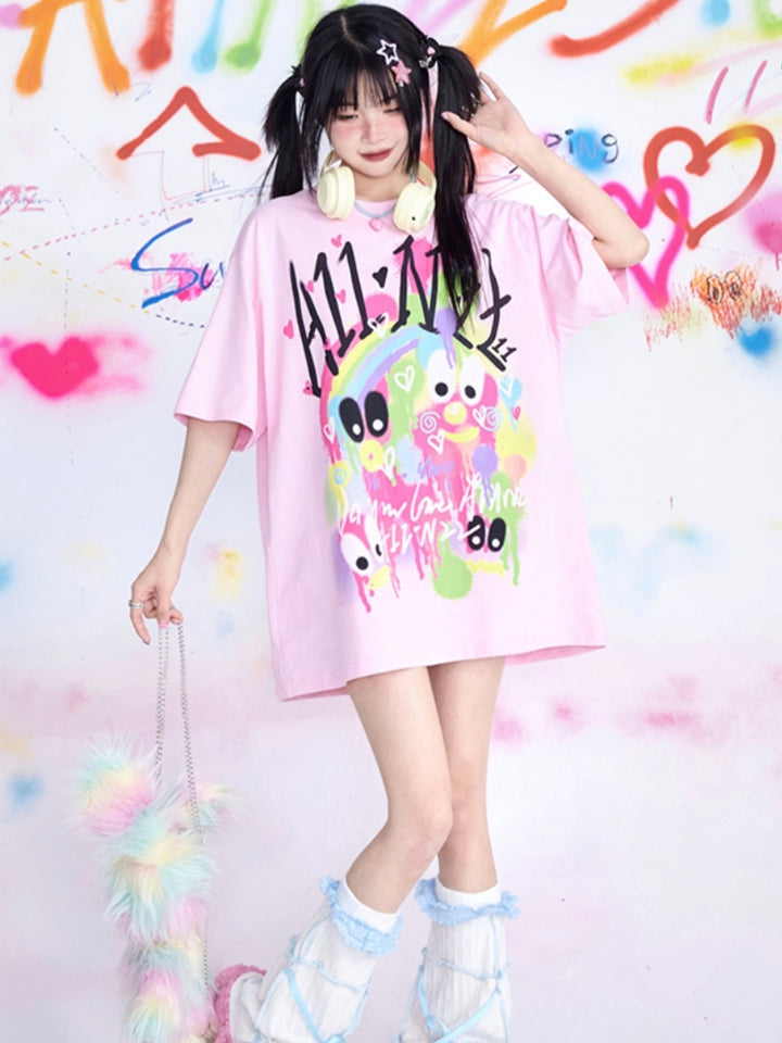 Casual Loose Fit Graffiti Oversized Pink T-shirt