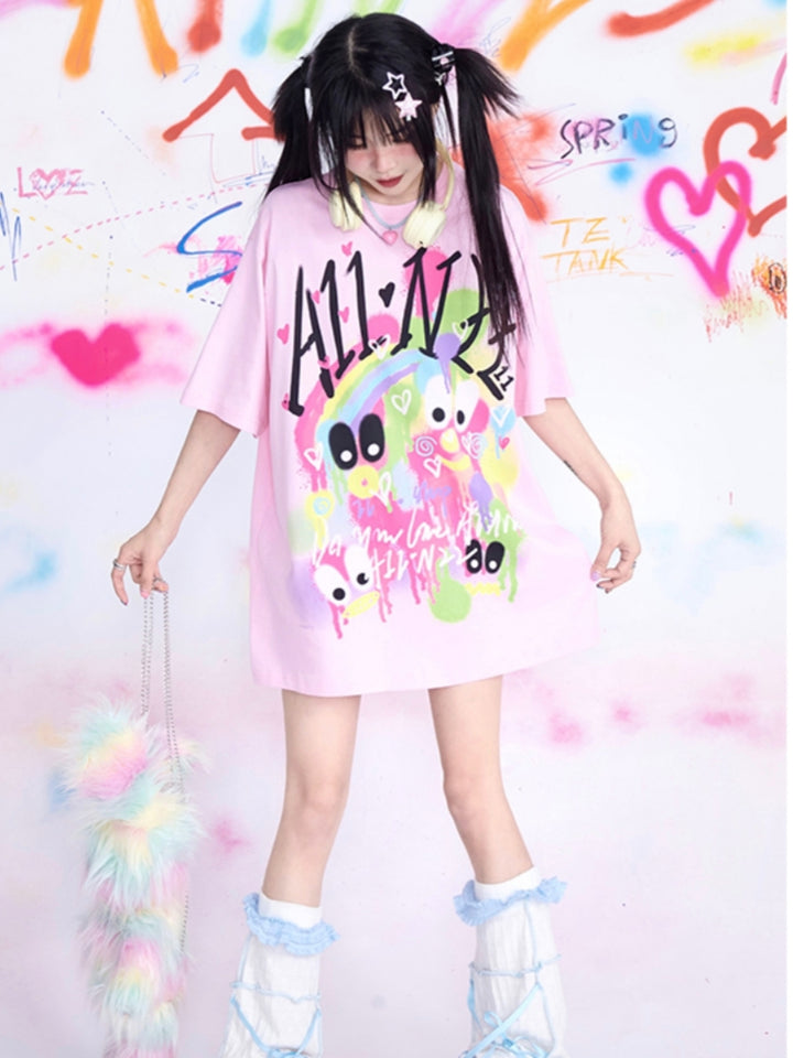 Casual Loose Fit Graffiti Oversized Pink T-shirt