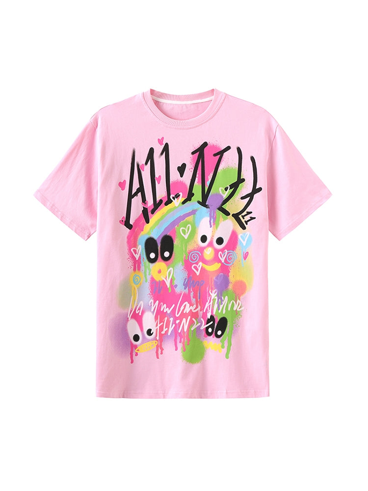 Casual Loose Fit Graffiti Oversized Pink T-shirt