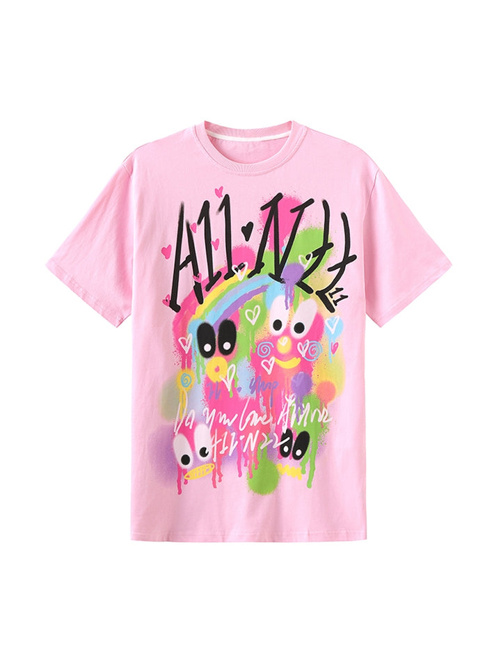 Casual Loose Fit Graffiti Oversized Pink T-shirt