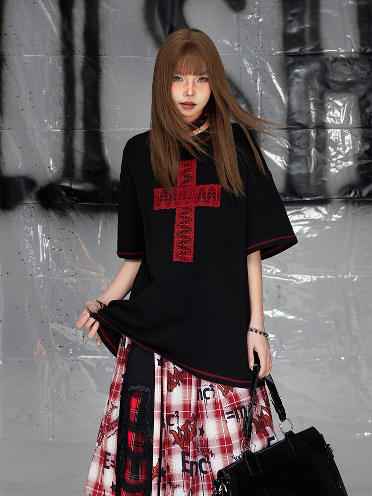 Cross Print Black Cotton Loose Fit T-shirt