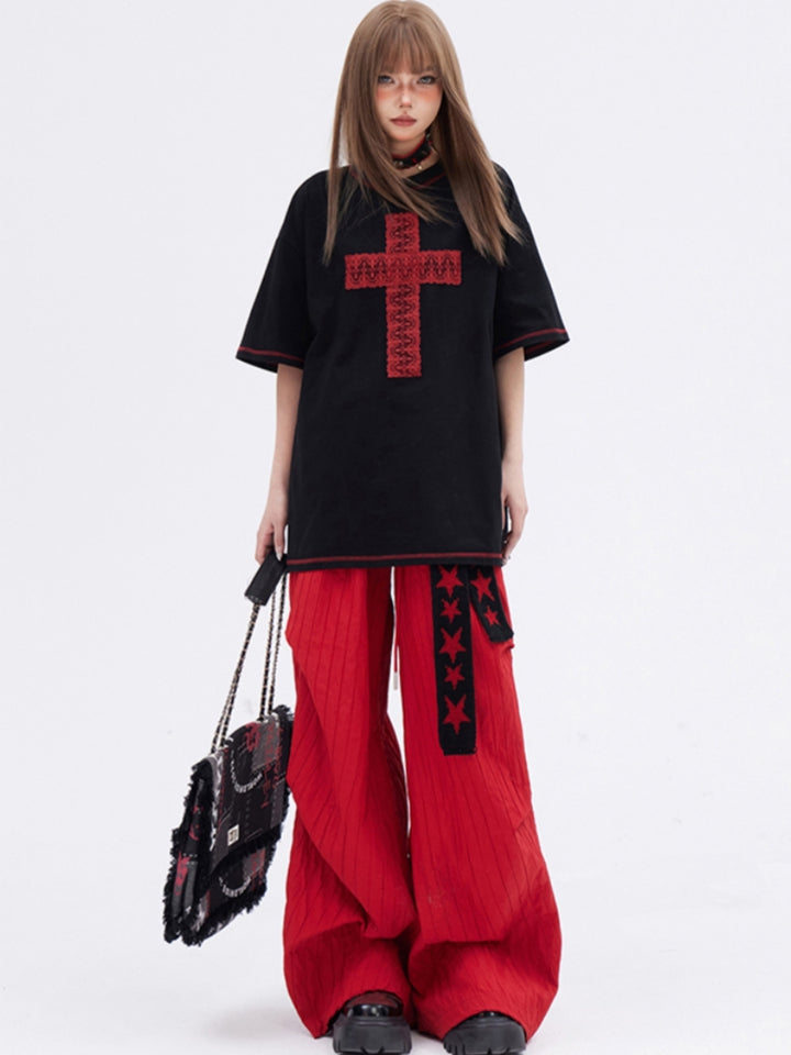 Cross Print Black Cotton Loose Fit T-shirt