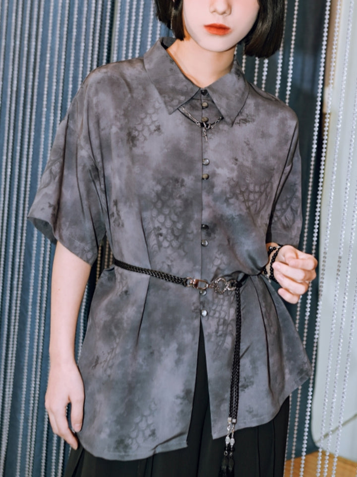 Summer Chinese-Style Gray Short-Sleeve Collared Shirt