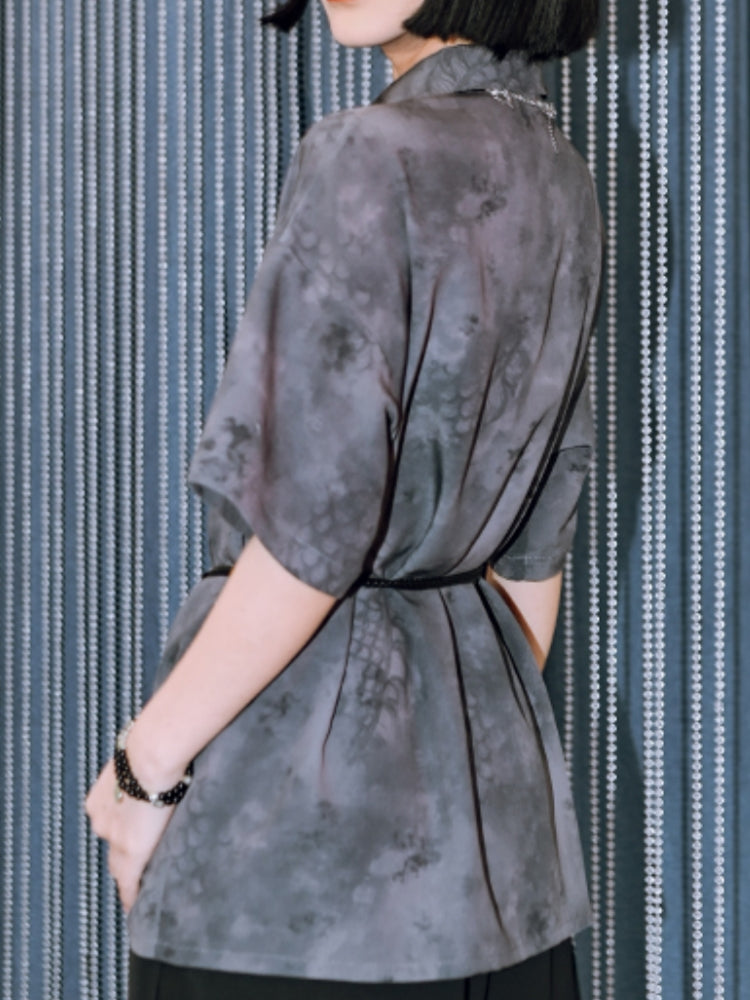 Summer Chinese-Style Gray Short-Sleeve Collared Shirt