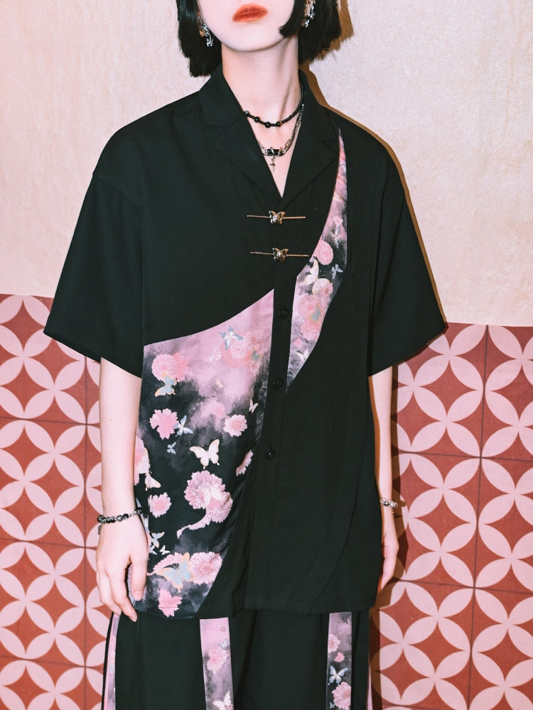 Artistic Patchwork Printed Chinese-Style Shirt