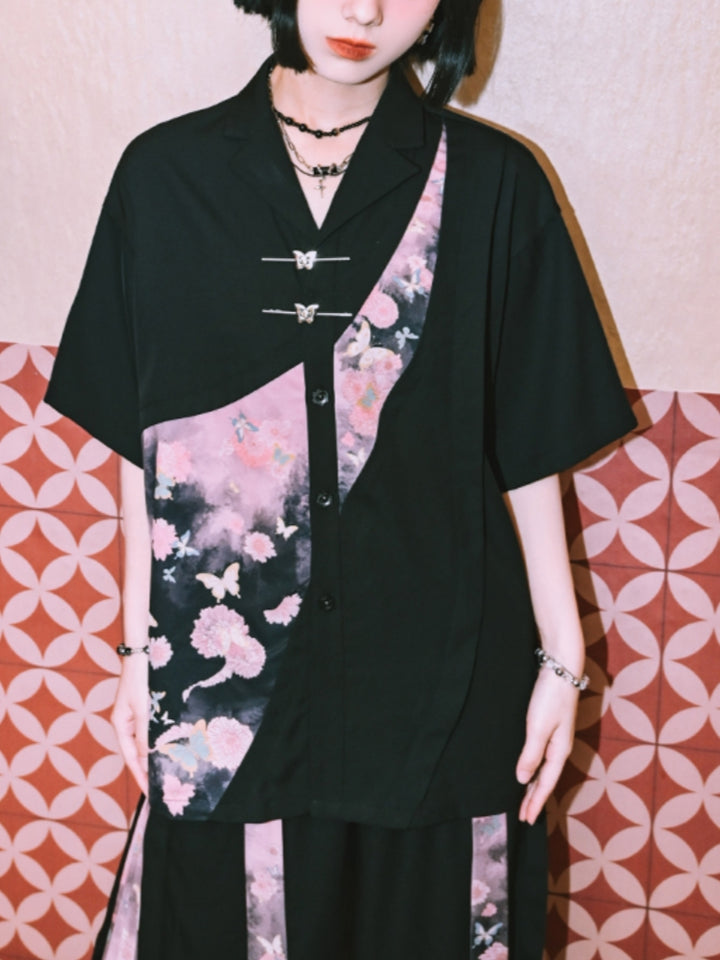 Artistic Patchwork Printed Chinese-Style Shirt