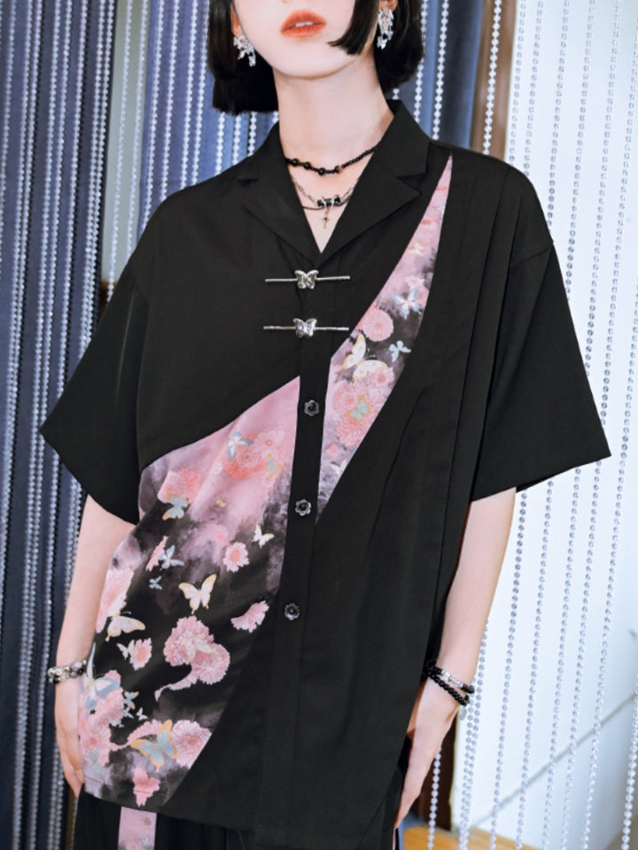 Artistic Patchwork Printed Chinese-Style Shirt