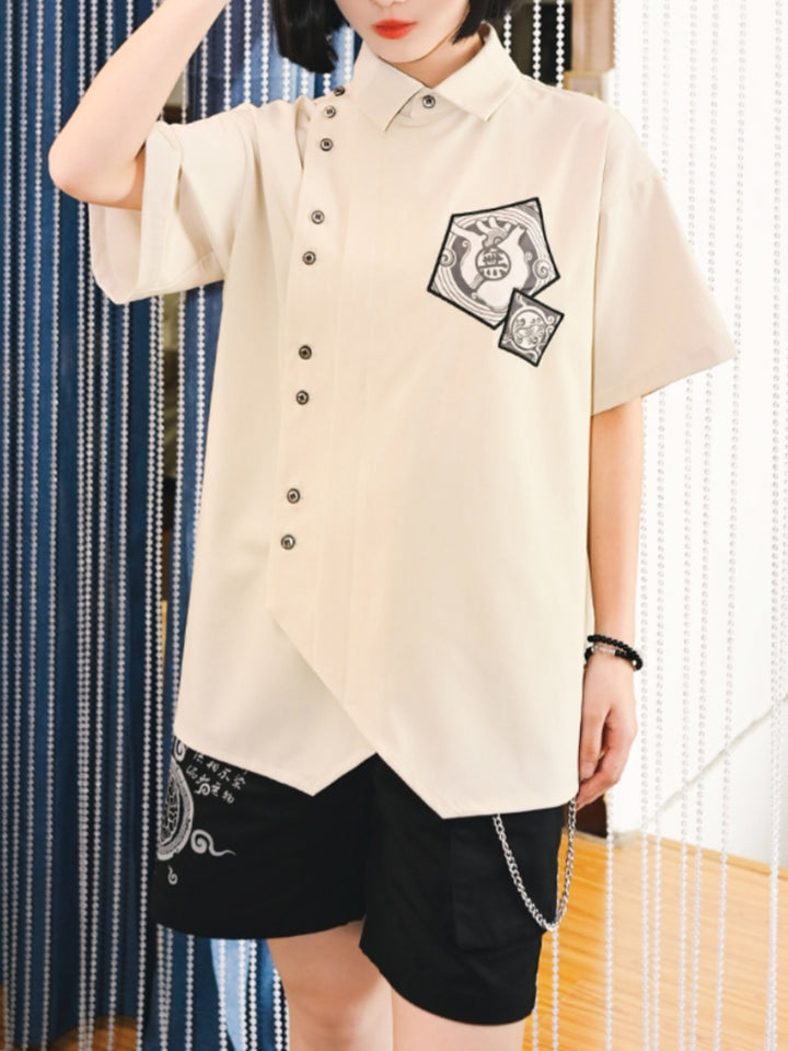 Preppy Style Printed Patchwork Embroidered Shirt