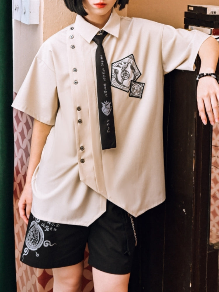 Preppy Style Printed Patchwork Embroidered Shirt