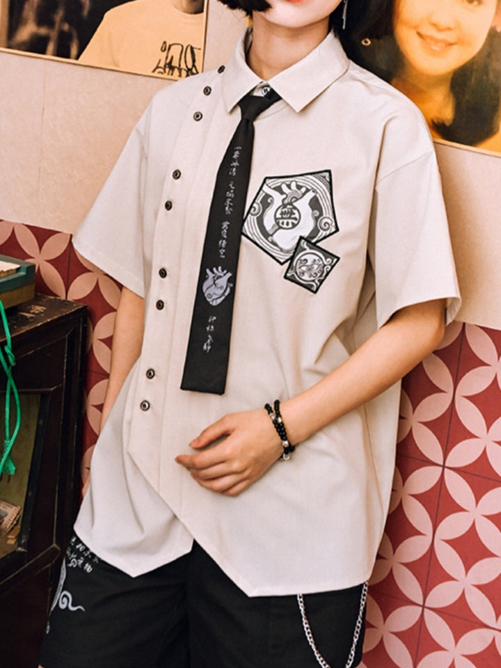 Preppy Style Printed Patchwork Embroidered Shirt