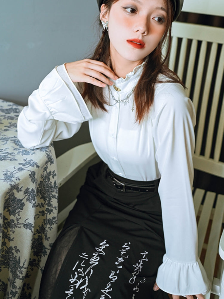 Vintage Girl's Ruffled Stand Collar Shirt