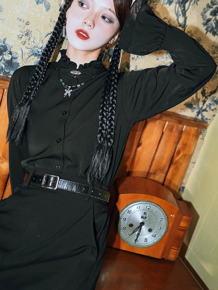 Vintage Girl's Ruffled Stand Collar Shirt