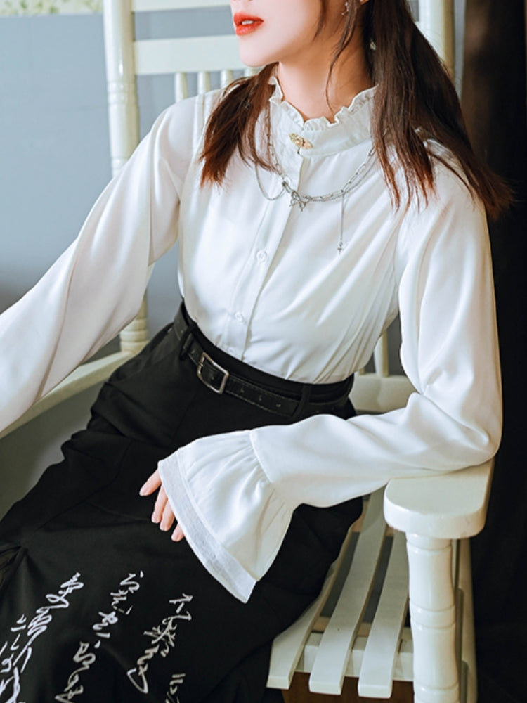 Vintage Girl's Ruffled Stand Collar Shirt