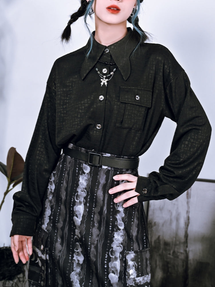 Spring Autumn Black Shirt with Butterfly Collar