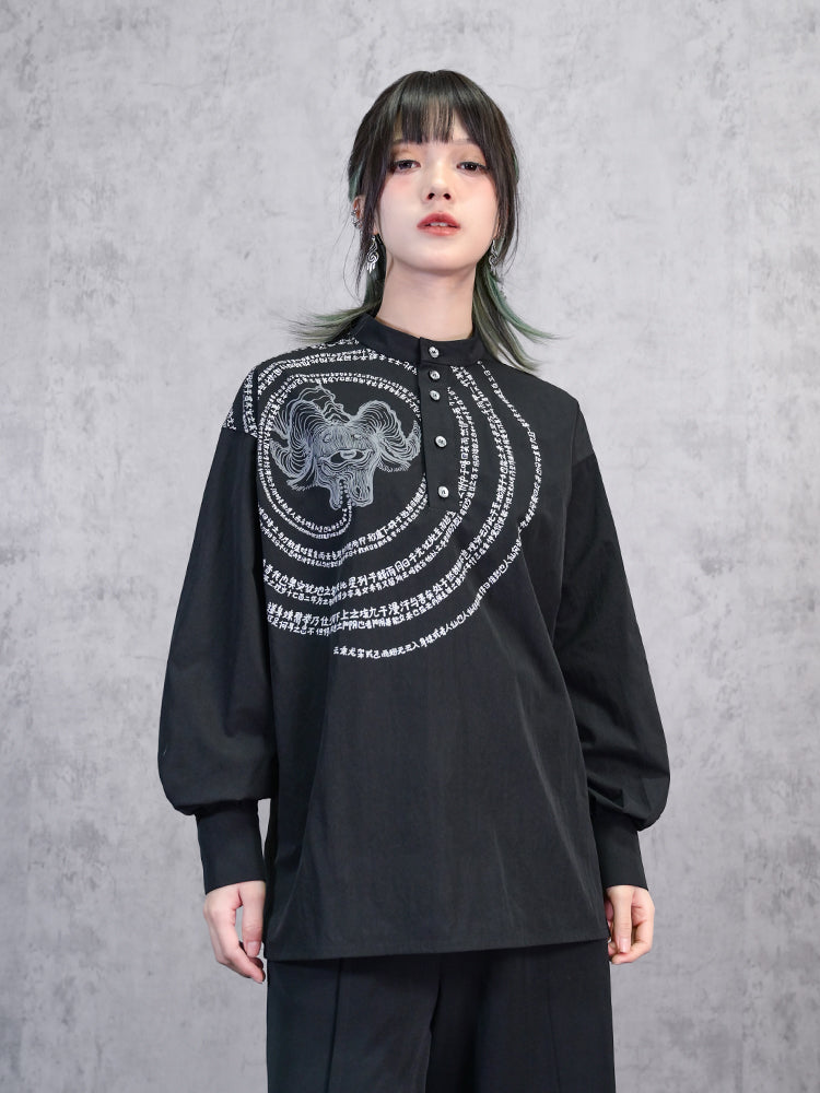 "Immortal Legend" Chinese Style Printed Loose Slimming Black Top
