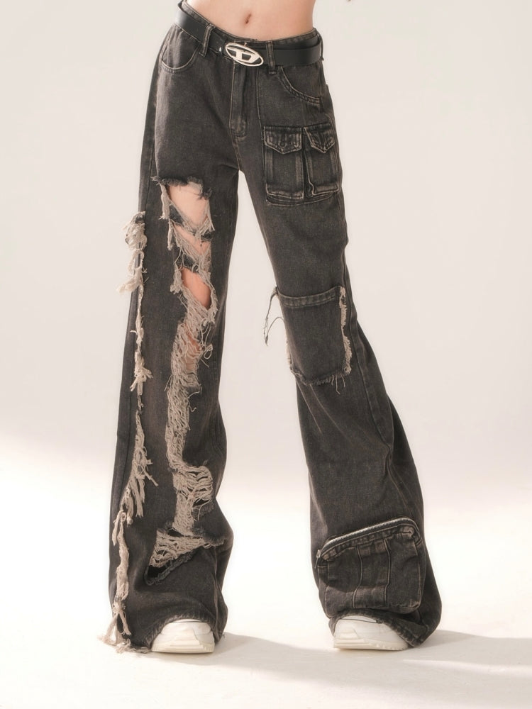 American Vintage Black Ripped Cargo Jeans