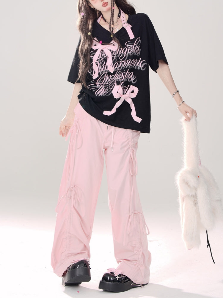 Pink/Light Blue Loose Wide-Leg Casual Pants for Summer