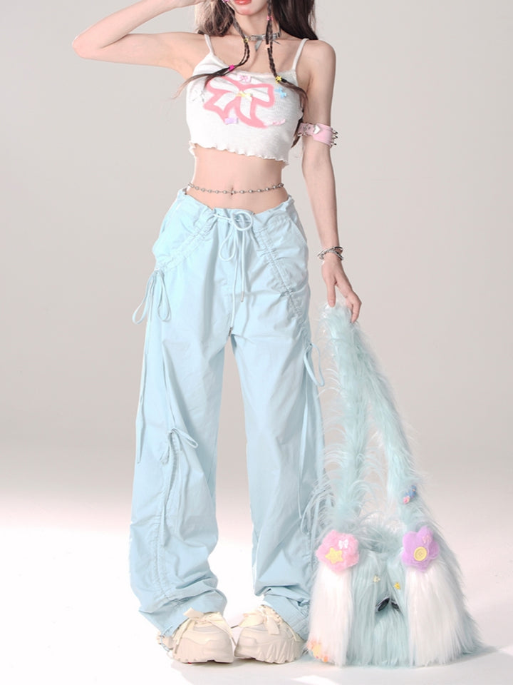 Pink/Light Blue Loose Wide-Leg Casual Pants for Summer