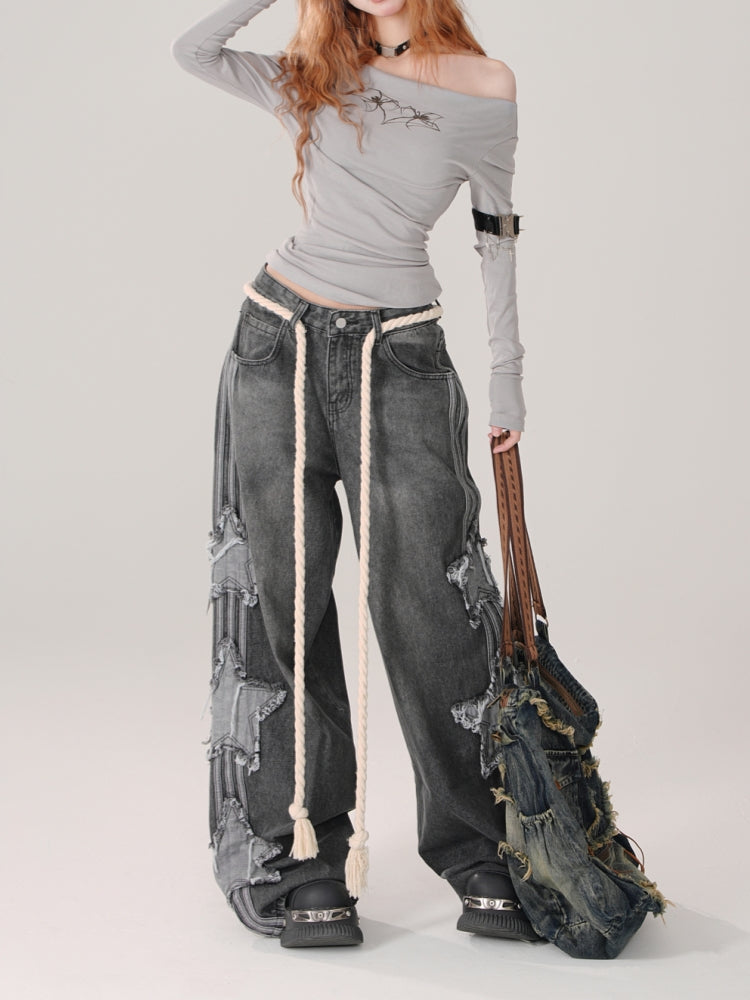 Star Embroidery Sweet and Cool Style Spring Jeans