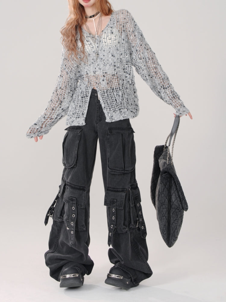 Loose Slimming Wide-Leg Cargo Denim Pants for Spring and Summer