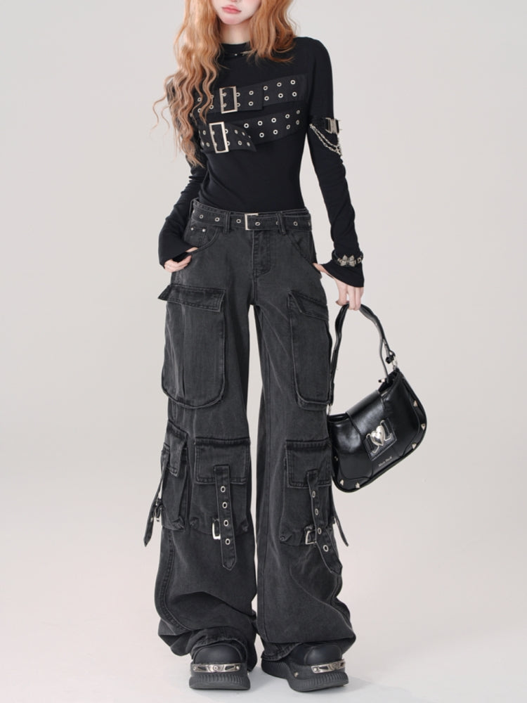 Loose Slimming Wide-Leg Cargo Denim Pants for Spring and Summer
