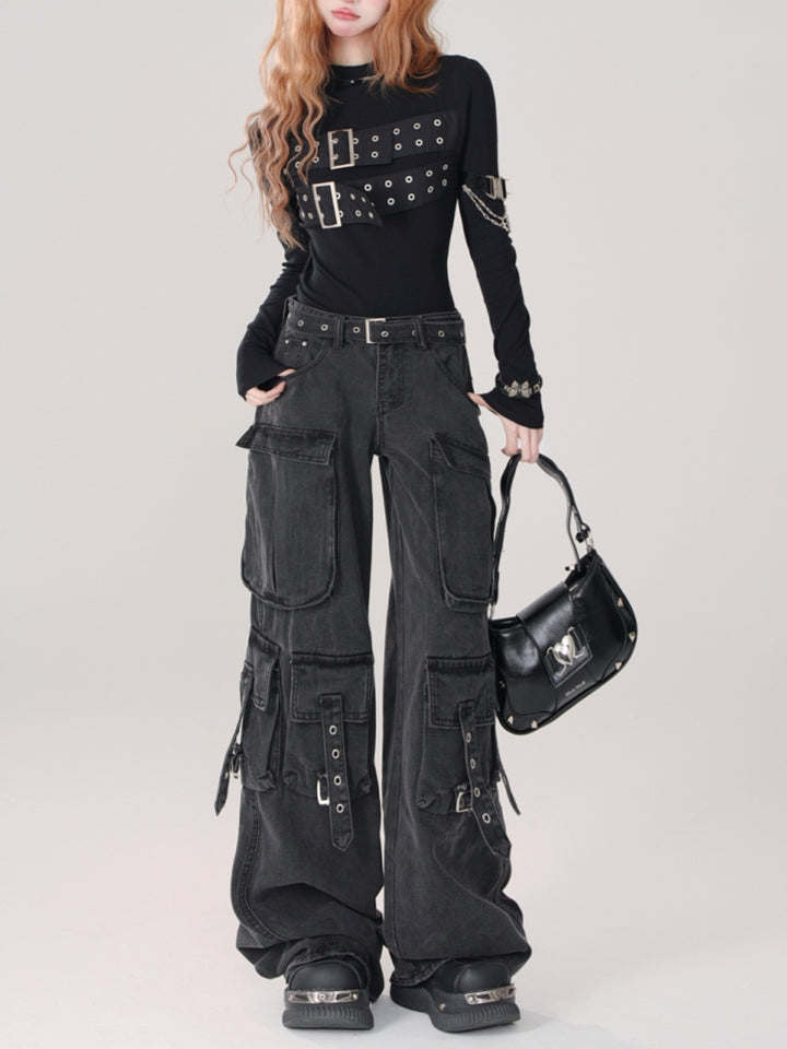Loose Slimming Wide-Leg Cargo Denim Pants for Spring and Summer