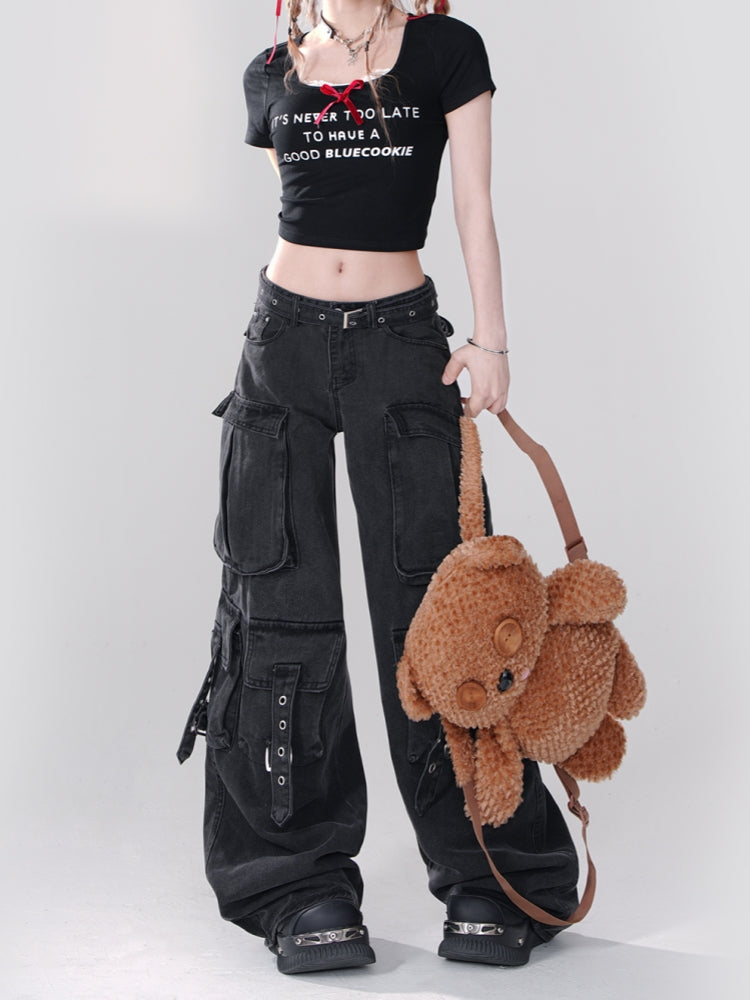 Loose Slimming Wide-Leg Cargo Denim Pants for Spring and Summer