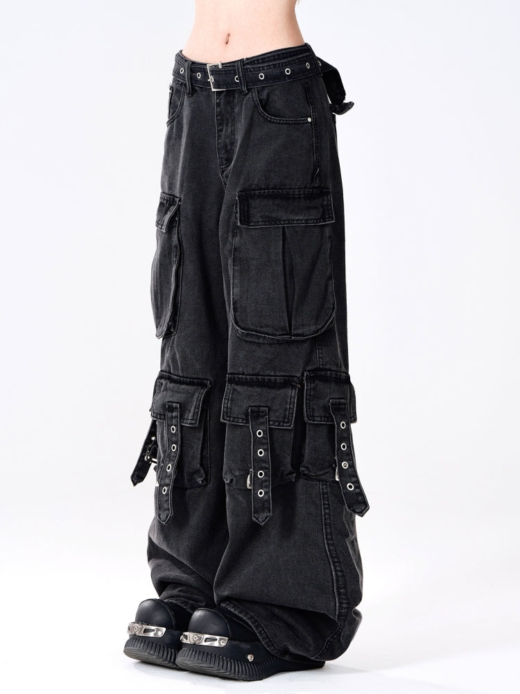 Loose Slimming Wide-Leg Cargo Denim Pants for Spring and Summer