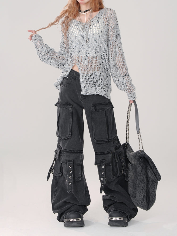 Loose Slimming Wide-Leg Cargo Denim Pants for Spring and Summer
