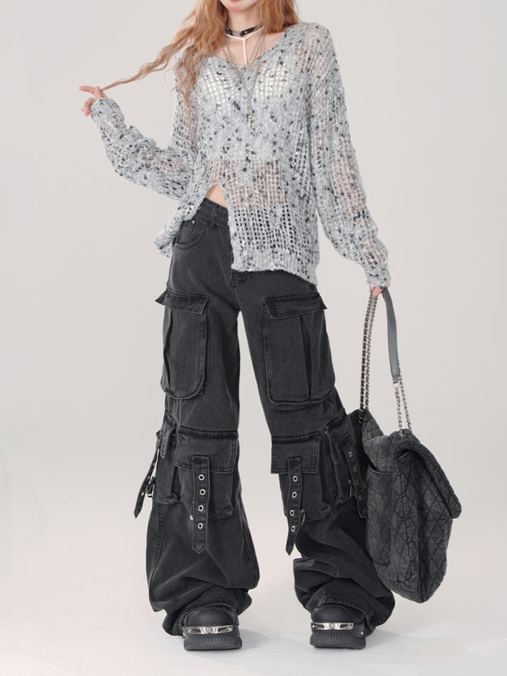 Loose Slimming Wide-Leg Cargo Denim Pants for Spring and Summer
