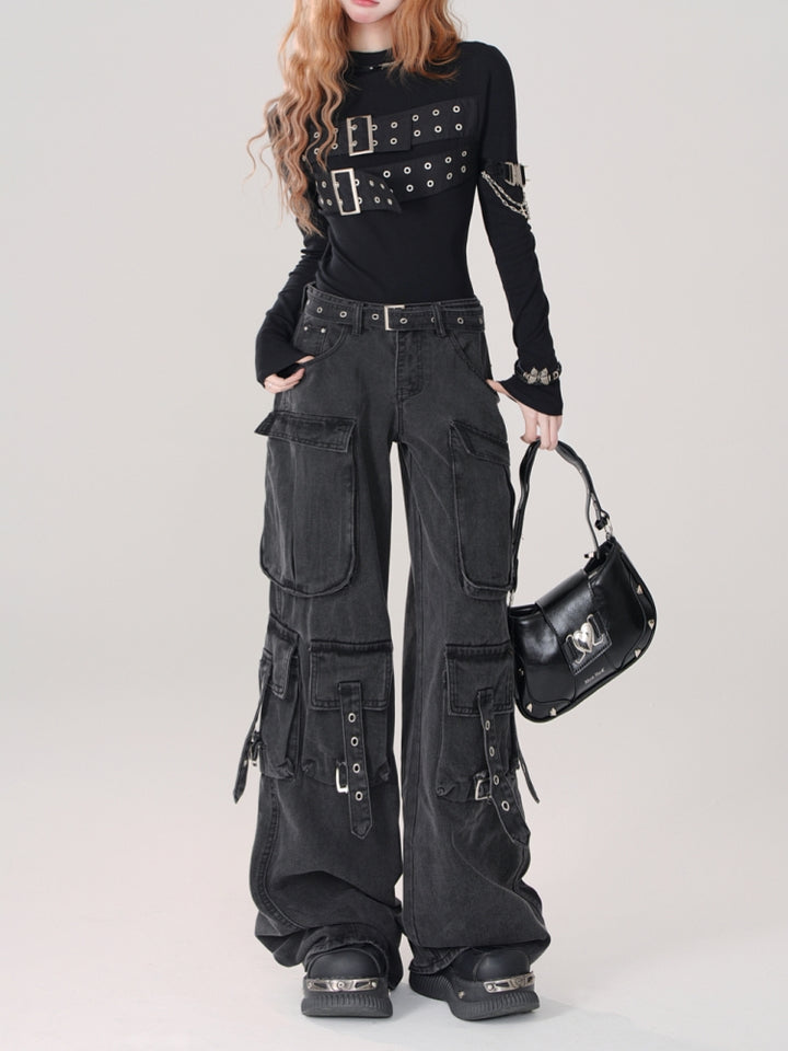 Loose Slimming Wide-Leg Cargo Denim Pants for Spring and Summer