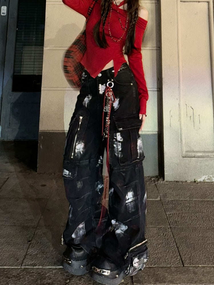 Loose Slimming Wide-Leg Cargo Denim Pants for Spring and Summer