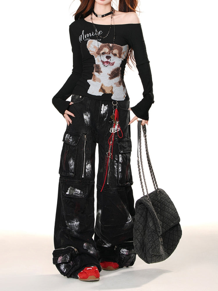 Loose Slimming Wide-Leg Cargo Denim Pants for Spring and Summer