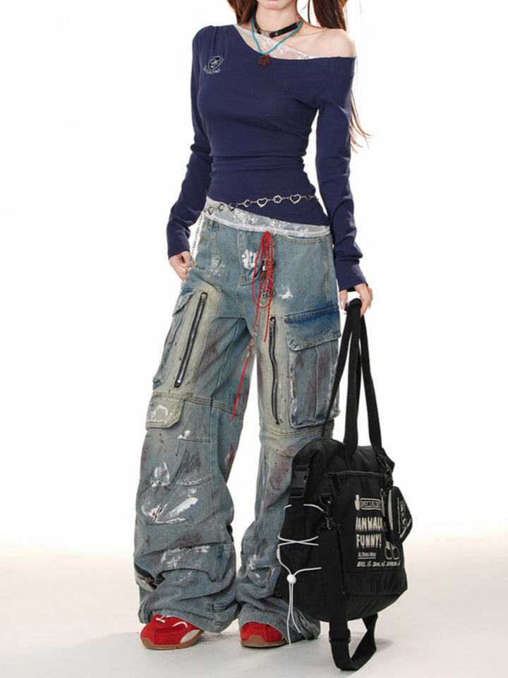 Loose Slimming Wide-Leg Cargo Denim Pants for Spring and Summer