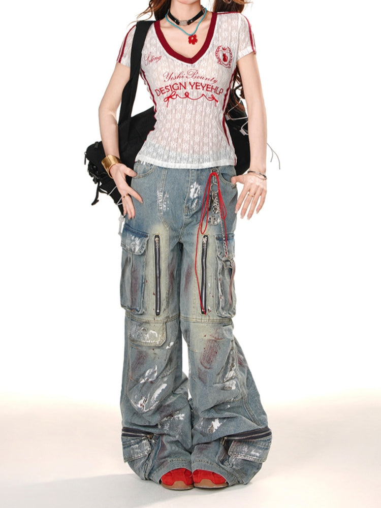 Loose Slimming Wide-Leg Cargo Denim Pants for Spring and Summer