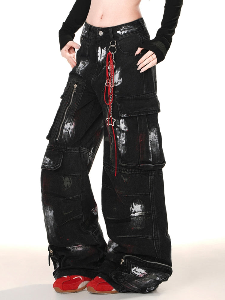 Loose Slimming Wide-Leg Cargo Denim Pants for Spring and Summer
