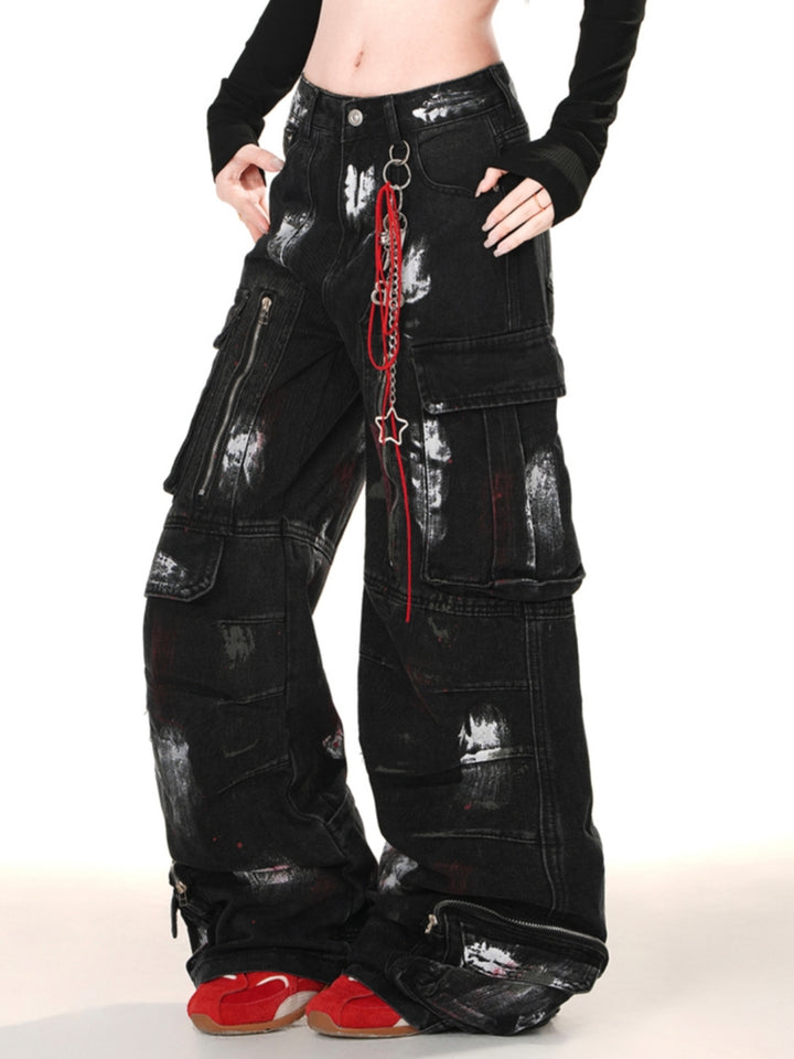 Loose Slimming Wide-Leg Cargo Denim Pants for Spring and Summer