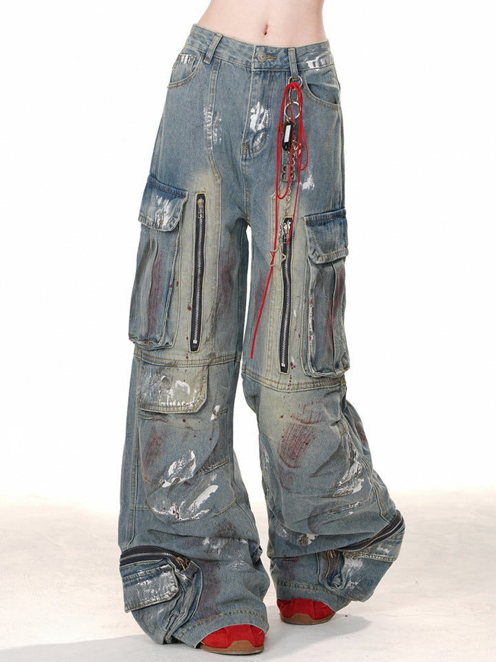 Loose Slimming Wide-Leg Cargo Denim Pants for Spring and Summer